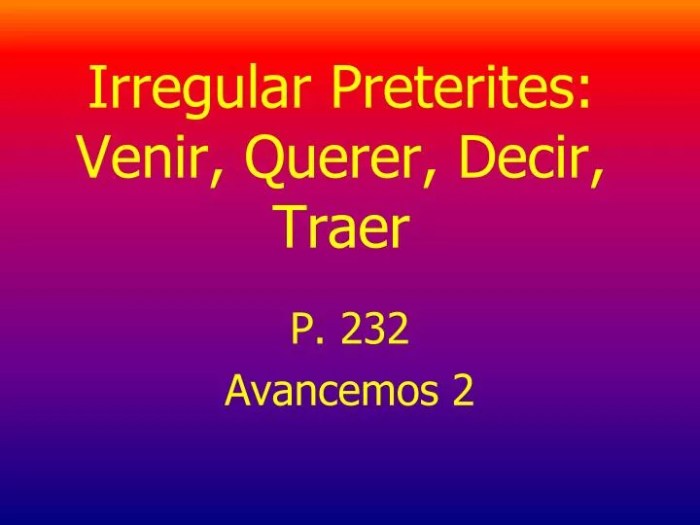 Irregular preterites venir poner decir and traer p 274 answers